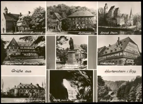 Hartenstein (Sachsen) DDR Mehrbild-AK u.a. Bahnhof FDJ-Bergendschule 1961