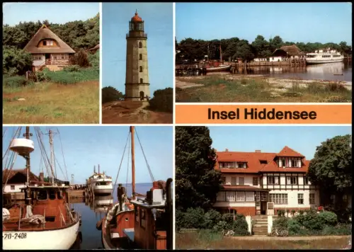 Kloster Hiddensee  DDR Mehrbild-AK Leuchtturm, Fischerhaus, Hafen, HOG 1988