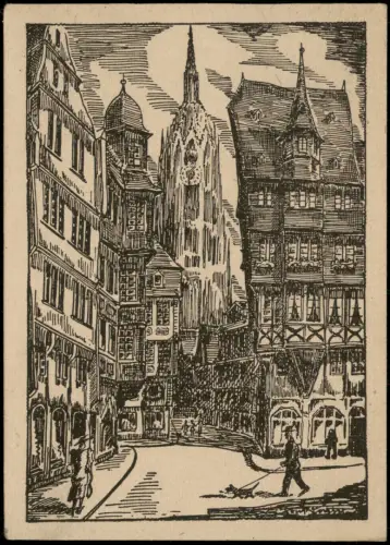 Frankfurt am Main Künstlerkarte Alter Markt nach Original-Federzeichnung 1930