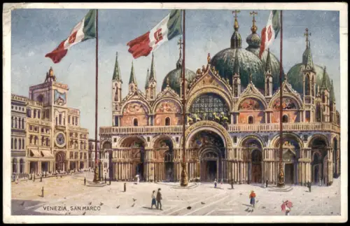 Cartolina Venedig Venezia Piazza S. Marco. Flaggen Künstlerkarte 1927