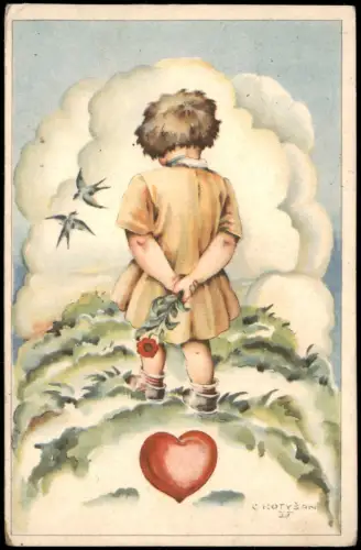 Künstlerkarte Bodle originálu C. Kotyšana Kind mit Herz 1925