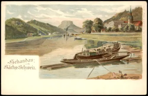 Bad Schandau Partie an der Elbe, Boots-Anleger, Künstlerkarte 1900