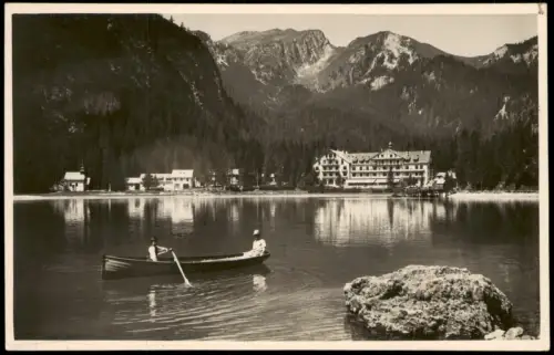 Cartolina Prags Braies Hotel und Rudererboot Dolomiti 1929