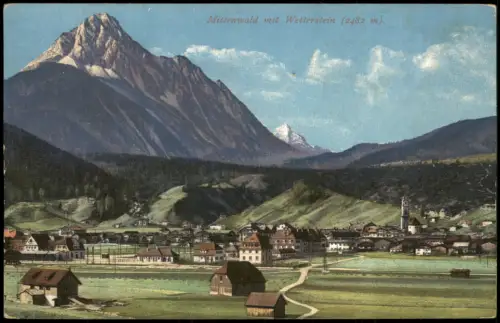 Mittenwald Panorama-Ansicht mit Wettersein Photochromiekarte 1910