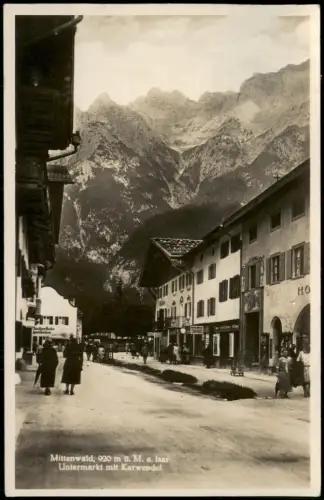 Mittenwald Untermarkt Straßen-Ansicht mit Personen, Geschäften 1935