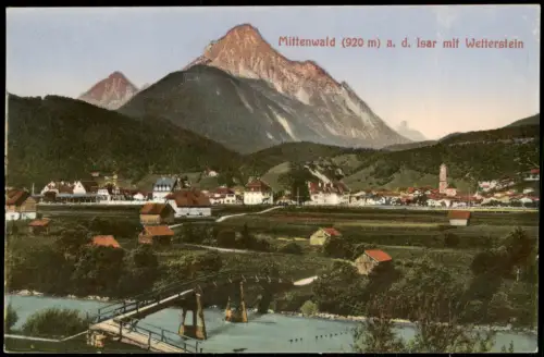 Mittenwald Panorama-Ansicht, Isar Brücke, Blick Wetterstein 1910