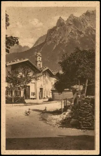 Mittenwald Ortsansicht, altes Gehöft, Karwendel Berg-Panorama 1920