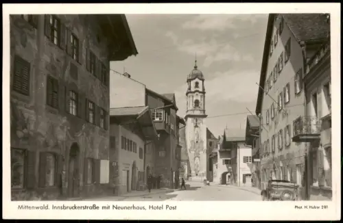 Ansichtskarte Mittenwald Innsbruckerstraße mit Neunerhaus, Hotel Post 1957