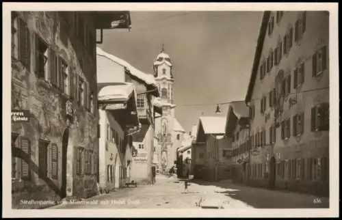 Ansichtskarte Mittenwald Straßen Partie mit Hotel Post 1940