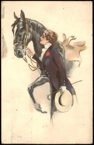 Ansichtskarte  Sign. Künstlerkarte Frau Pferd (Dressur) 1916   Stempel LÜBECK