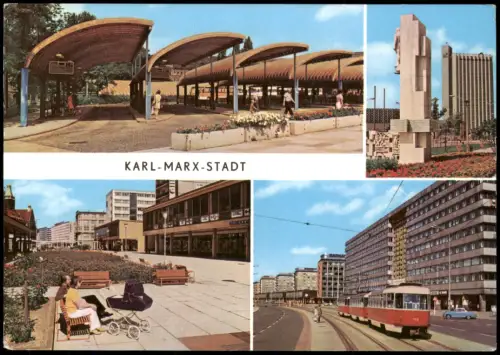 Chemnitz Karl-Marx-Stadt Busbahnhof  Ensemble "Lobgedichte" Straßenbahn 1980
