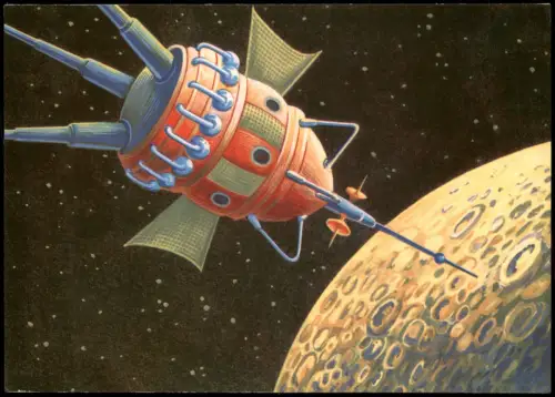 Raumfahrt Bemannte Mondfähre Anflug auf Erdtrabanten DDR-Künstlerkarte 1972