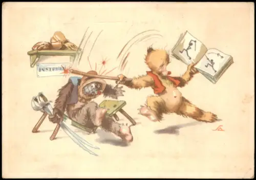 Ansichtskarte  Kinder Künstlerkarte Personifizierte Tiere im Streit 1940