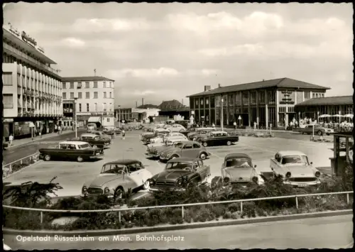 Ansichtskarte Rüsselsheim Bahnhofsplatz Parkplatz VW Käfer Fotokarte 1961