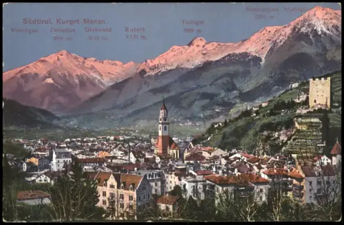 Cartolina Meran Merano Panorama-Ansicht, Alpen-"Glühen" 1910