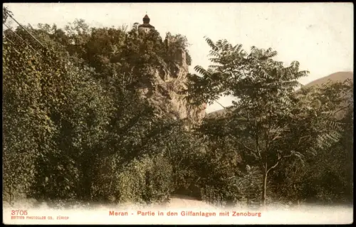 Cartolina Meran Merano Partie in den Gilfanlagen mit Zenoburg 1910