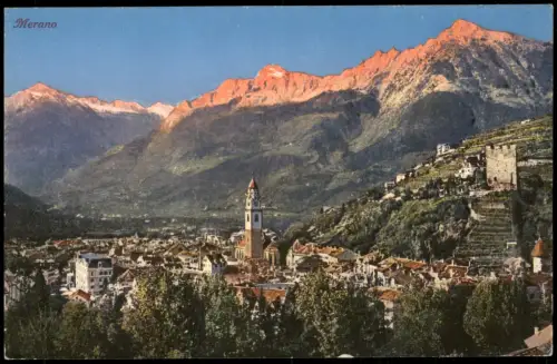 Cartolina Meran Merano Panorama-Ansicht mit "glühenden" Alpen Berge 1910