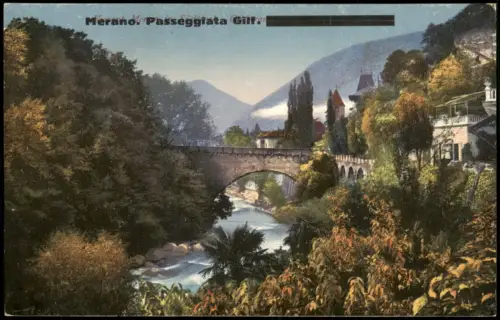 Cartolina Meran Merano Merano Passeggiata Gilfanlagen Fluss Brücke 1910