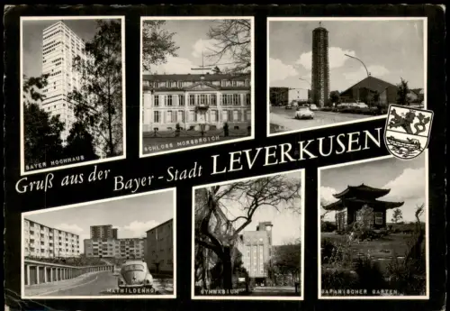 Leverkusen Mehrbild-AK mit Bayer Hochhaus, SCHLOSS MORSBROICH, VW Käfer  1968