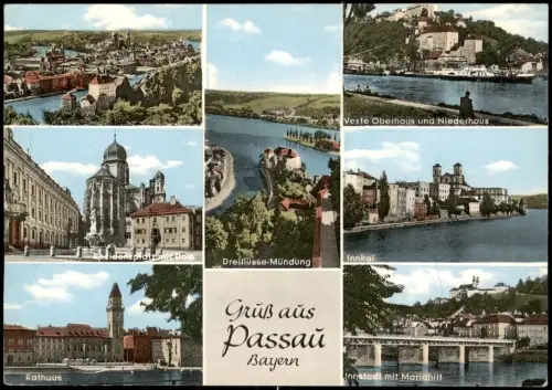Passau Mehrbild-AK u.a. mit Veste Oberhaus und Niederhaus Innkai 1960