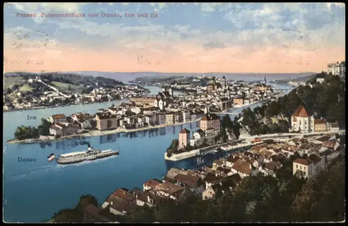 Passau Panorama-Ansicht Flüsse Dampfschiff passiert die Stadt 1916