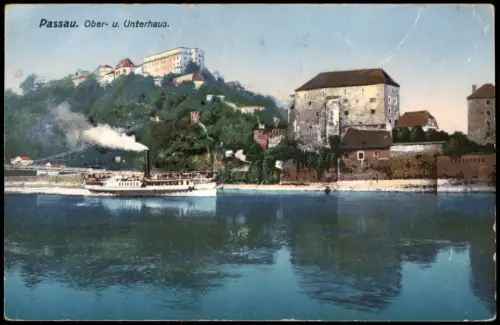 Passau Panorama-Ansicht Fluss Partie mit Ober- u. Unterhaus 1929