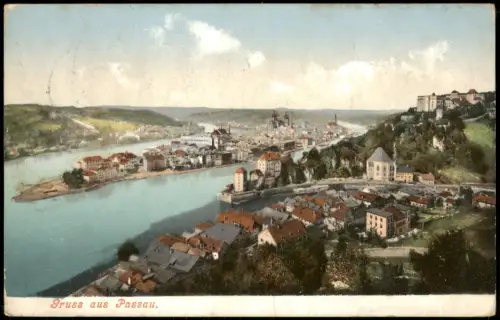 Passau Panorama-Ansicht Totalansicht auf die Stadt u. Flüsse 1911