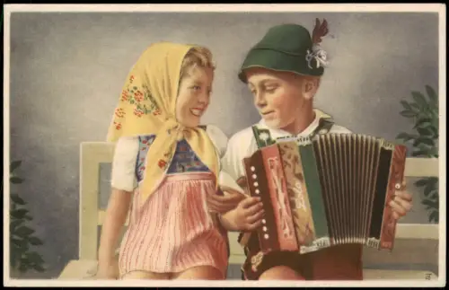 Ansichtskarte  Kinder Künstlerkarte Junge mit Akkordeon Mädchen 1936