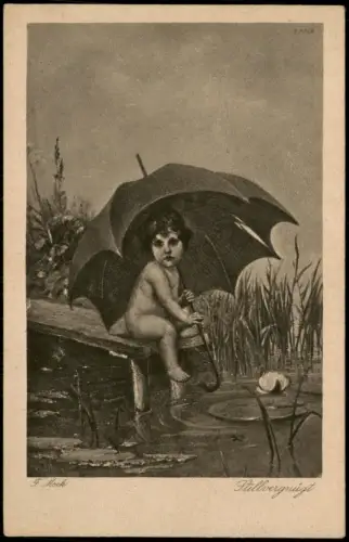 Ansichtskarte  Künstlerkarte Junge unterm Regenschirm Seerosen F. Mock 1928