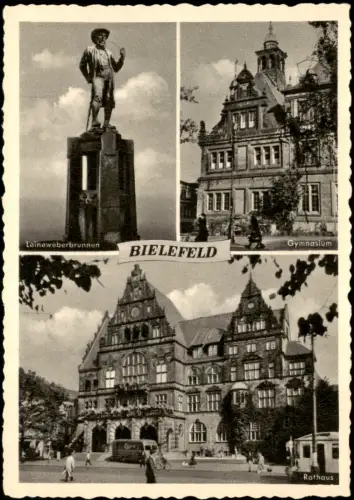 Bielefeld Mehrbild-AK mit Rathaus Leineweberbrunnen Gymnasium 1950