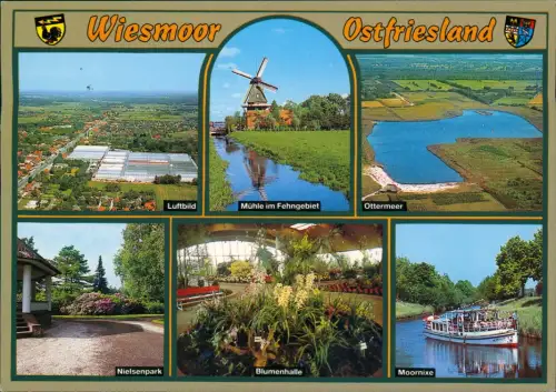 Ansichtskarte Wiesmoor Multi-Ansicht Luftbildm Fargastschiff, Windmühle 1990