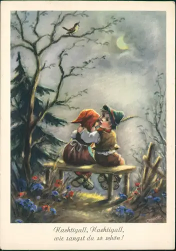 Ansichtskarte  Zwei Kinder auf einer Bank bei Nacht mit Nachtigall 1960