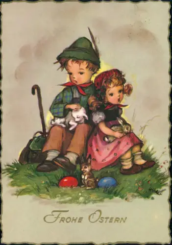 Kinder mit Lamm und Hasen auf einer Frühlingswiese Ostern 1960 Gold