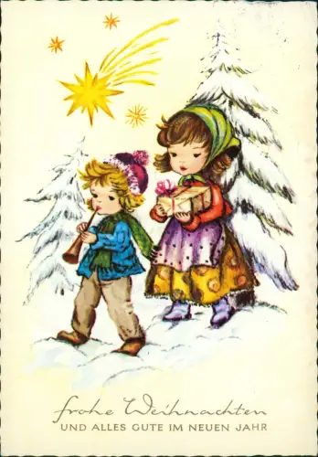 Ansichtskarte  Zwei Kinder im Schnee mit Weihnachtsbaum und Stern 1988