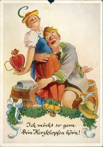 Humorkarte: Liebespaar in bayerischer Tracht mit Lebkuchenherz 1950