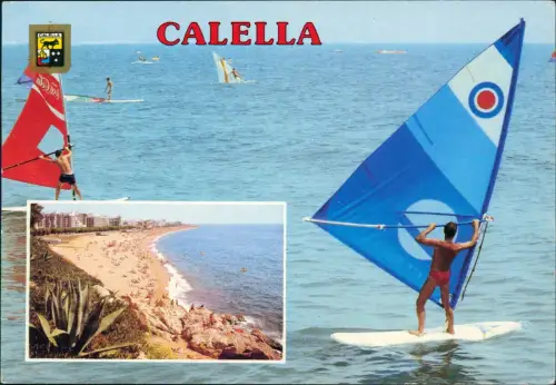 Postale Calella Windsurfer und Strandansicht 2000