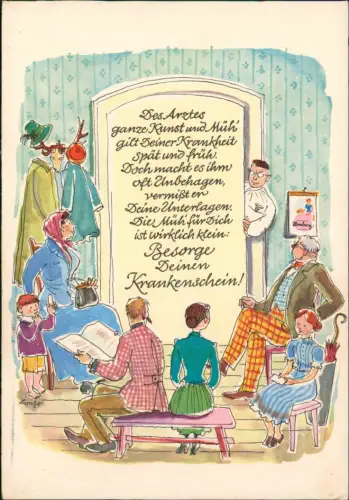 Humoristische Arzt-Erinnerungskarte: Wartezimmer-Szene mit Gedicht 1971