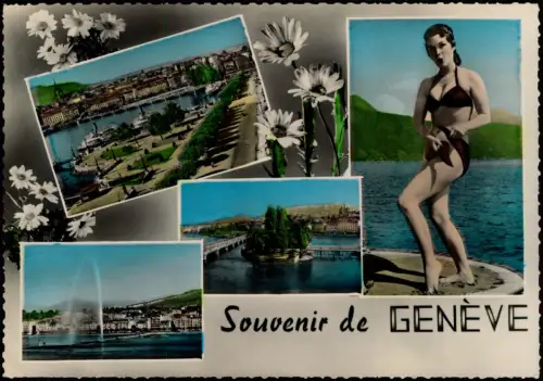 Ansichtskarte Genf Genève Stadtteilansichten Frau im Bikini Colorfoto 1963