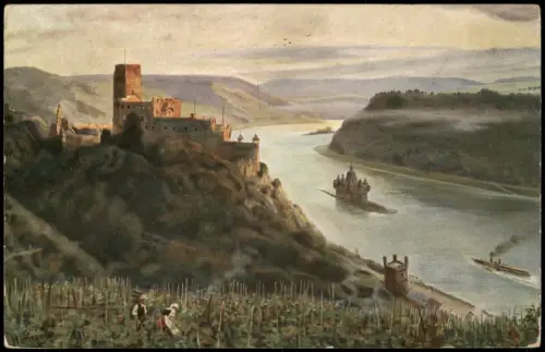 Ansichtskarte Kaub Burg Gutenfels bei Caub mit der Pfalz im Rhein 1910