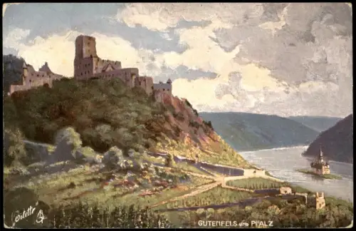 Kaub Burg Gutenfels und Pfalz am Rhein Oilette Künstlerkarte 1910
