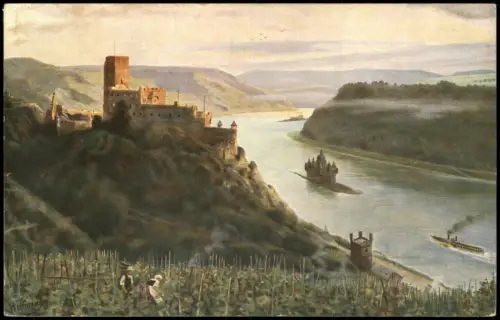 Ansichtskarte Kaub Burg Gutenfels bei Caub mit der Pfalz im Rhein 1910