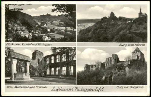 Nideggen (Eifel) Mehrbildkarte mit 4 Ortsansichten u.a. Burg, Kirche uvm. 1953