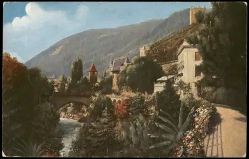 Cartolina Meran Merano Partie mit Fluss, Brücke, Gilfanlage 1912