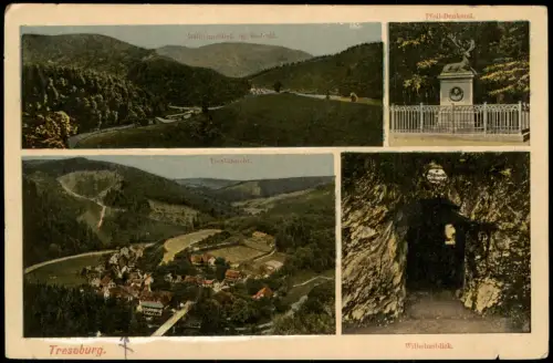 Treseburg Mehrbild-AK mit Pfeil-Denkmal, Wilhelmsblick, Totalansicht 1910