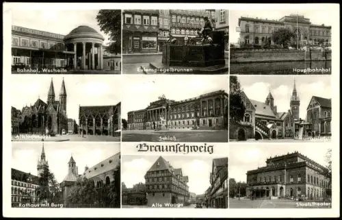 Ansichtskarte Braunschweig Bahnhof Westseite, Schloß uvm 1955