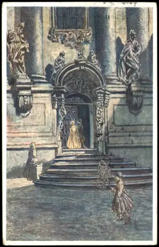 Ansichtskarte  Künstlerkarte feine Herrschaften vor Kirche Tschechien 1935