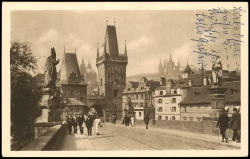 Postcard Prag Praha Auf der Karlsbrücke Karlův most 1928  gel. 1964