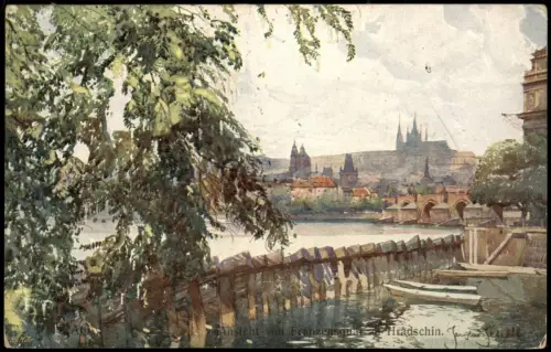 Prag Praha Blick vom Franzensquai auf den Hradschin und die Karlsbrücke 1915