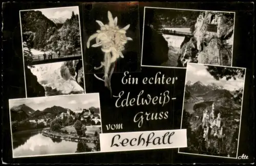 Ansichtskarte Füssen Aufgeklebtes Edelweiss Lechfall (Wasserfall) 1961