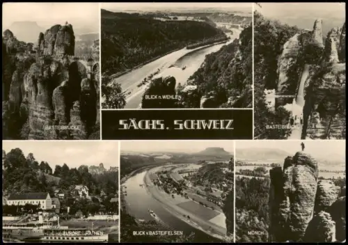 Ansichtskarte Rathen Basteibrücke, Elbe, Mönch, Elbdampfer, Panorama g1968